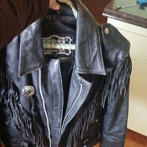 Black Fringe Leather Jacket by First Manufacturing